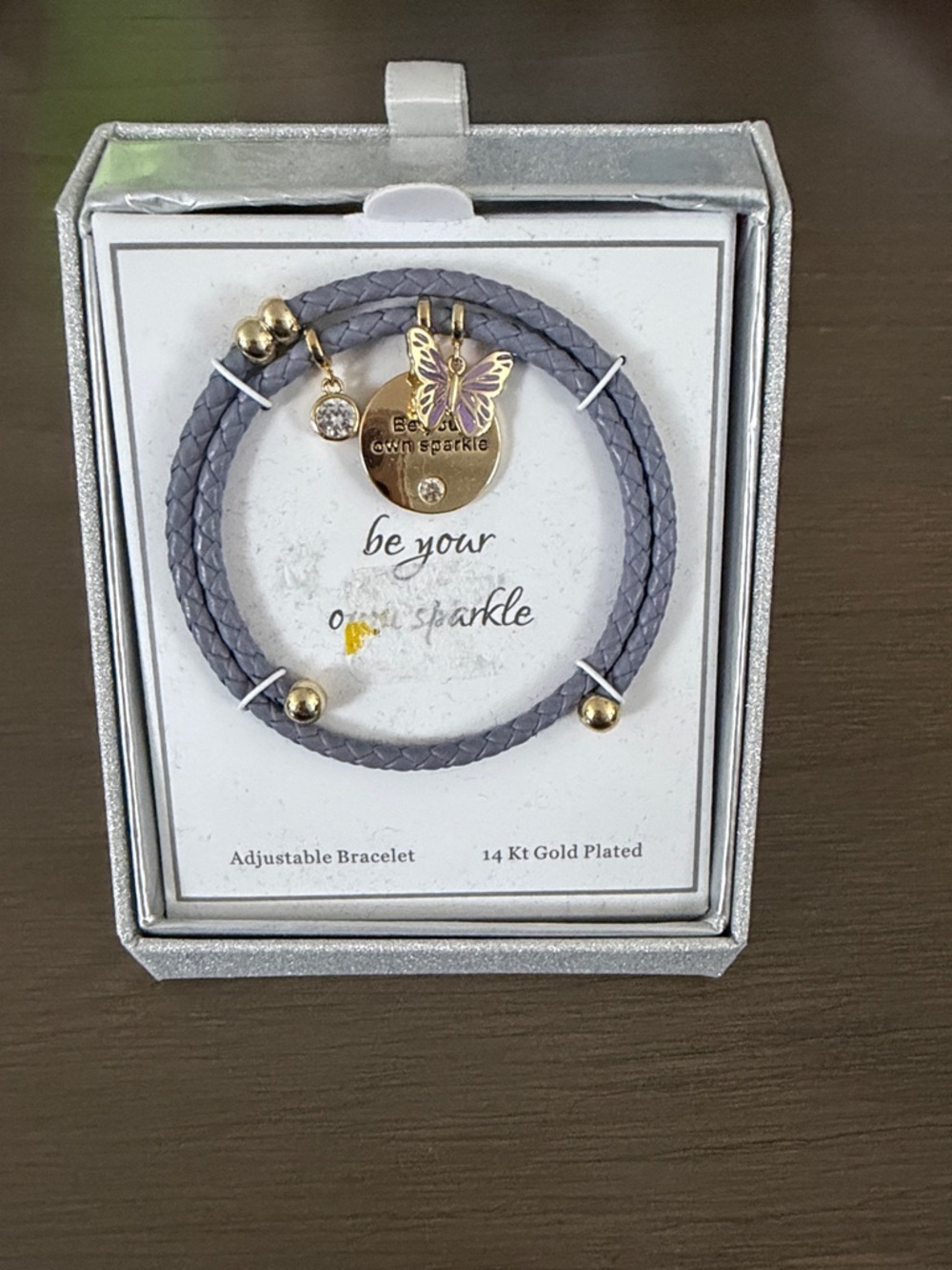 Adjustable Braided Leather Bracelet with Gold Charms - grey